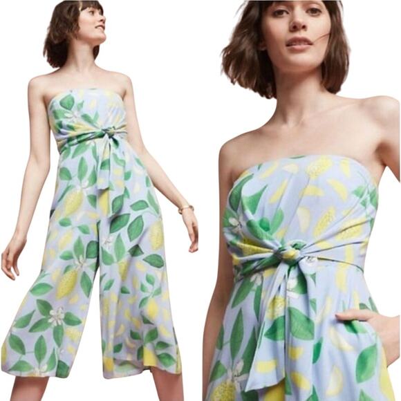 Anthropologie Maeve Lemon Grove Strapless Jumpsuit Cropped Wide Leg Blue Green 2 - Picture 1 of 8